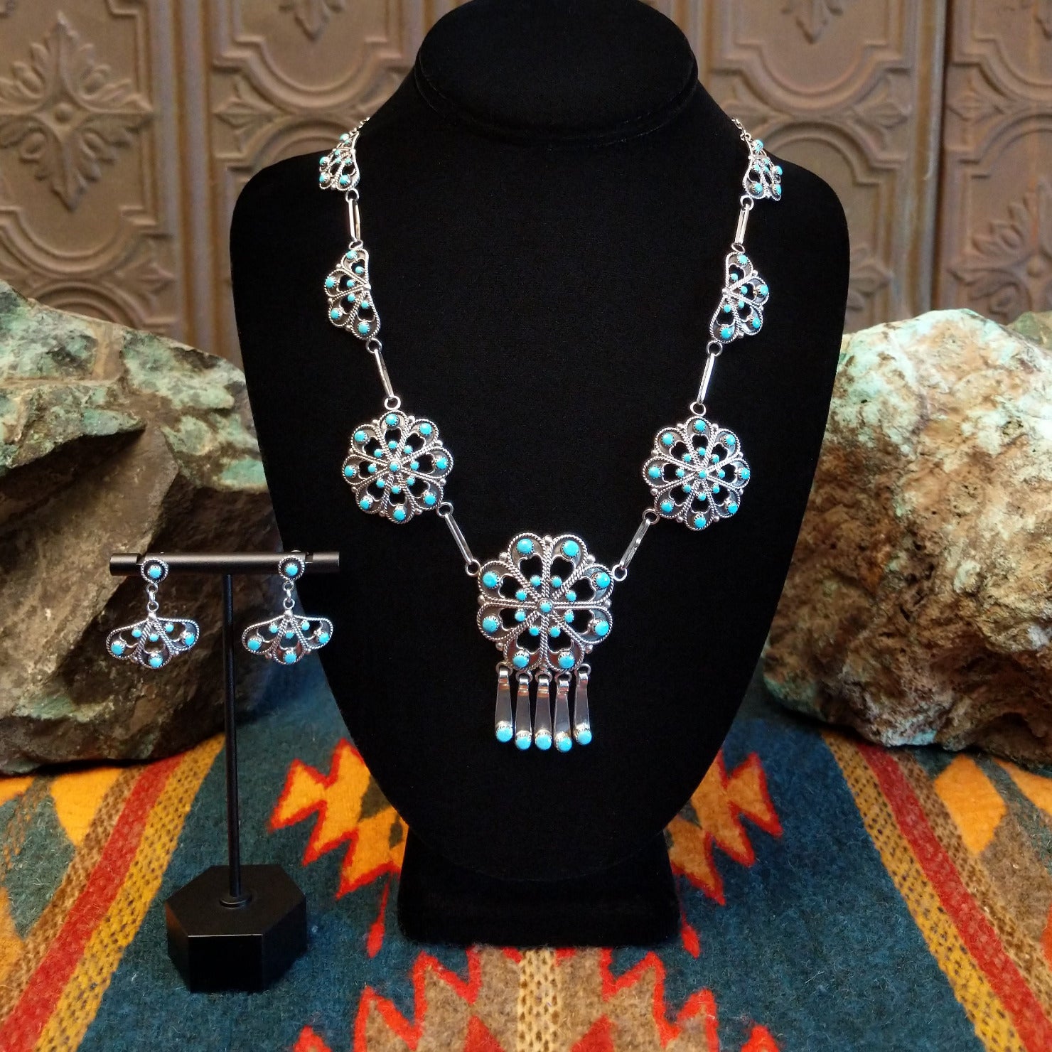 Zuni Flowery Turquoise Necklace & Earrings Set by Murray & Arlene