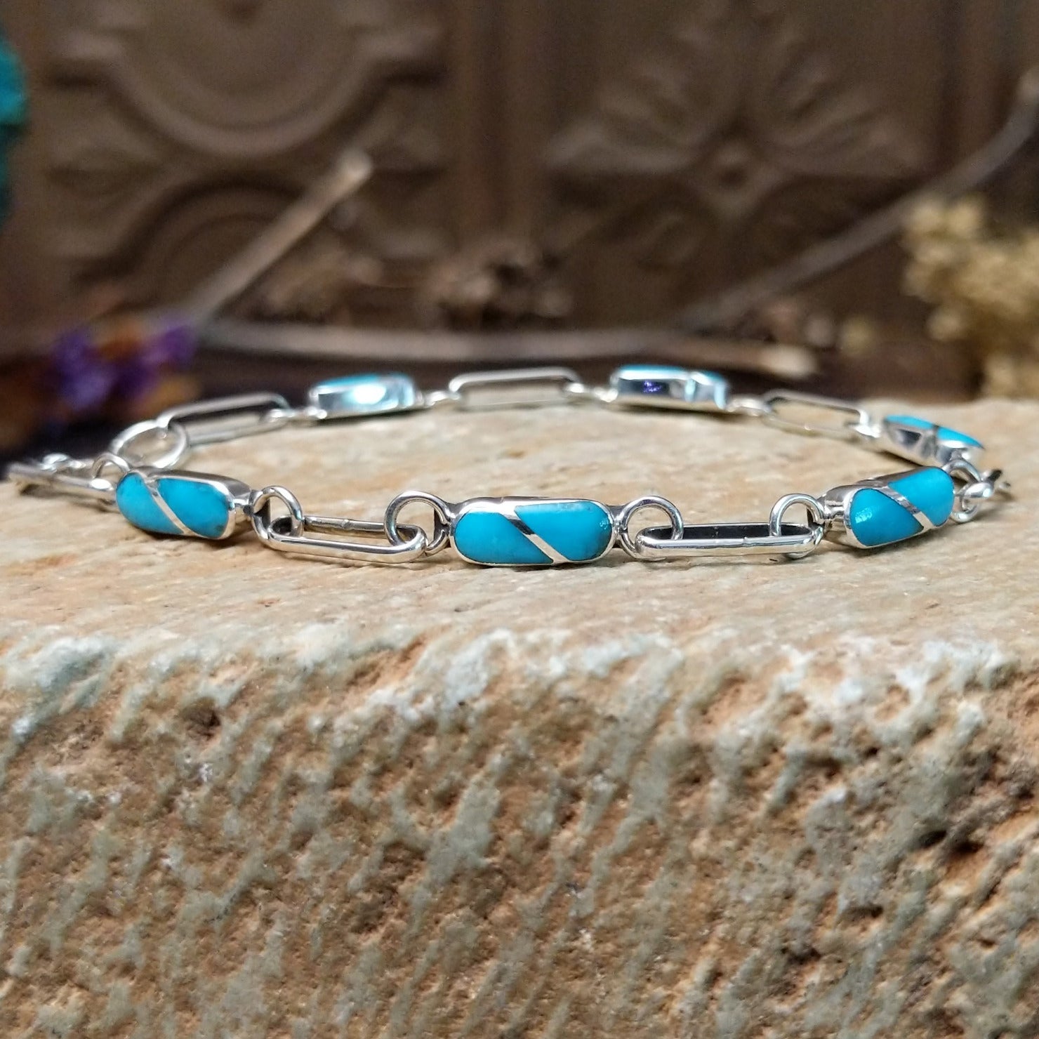 Sterling Silver link bracelet with turquoise stones