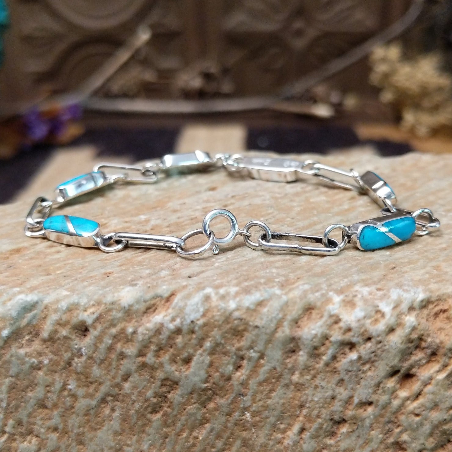 Sterling Silver link bracelet with turquoise stones