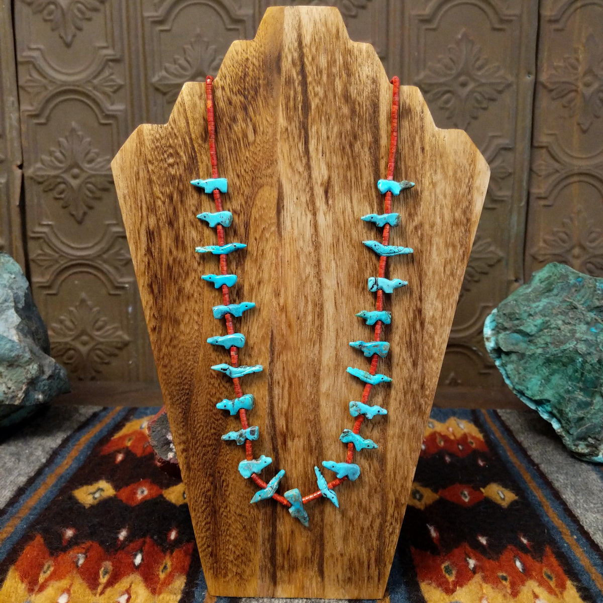 Zuni Turquoise Fetish Coral Heishi Necklace by Verna Kushana GJ