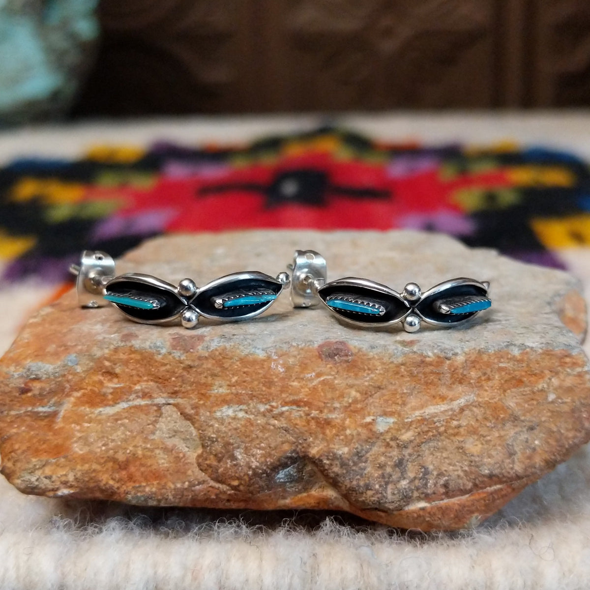 Zuni turquoise needlepoint hoop earrings by Fernando Othole.