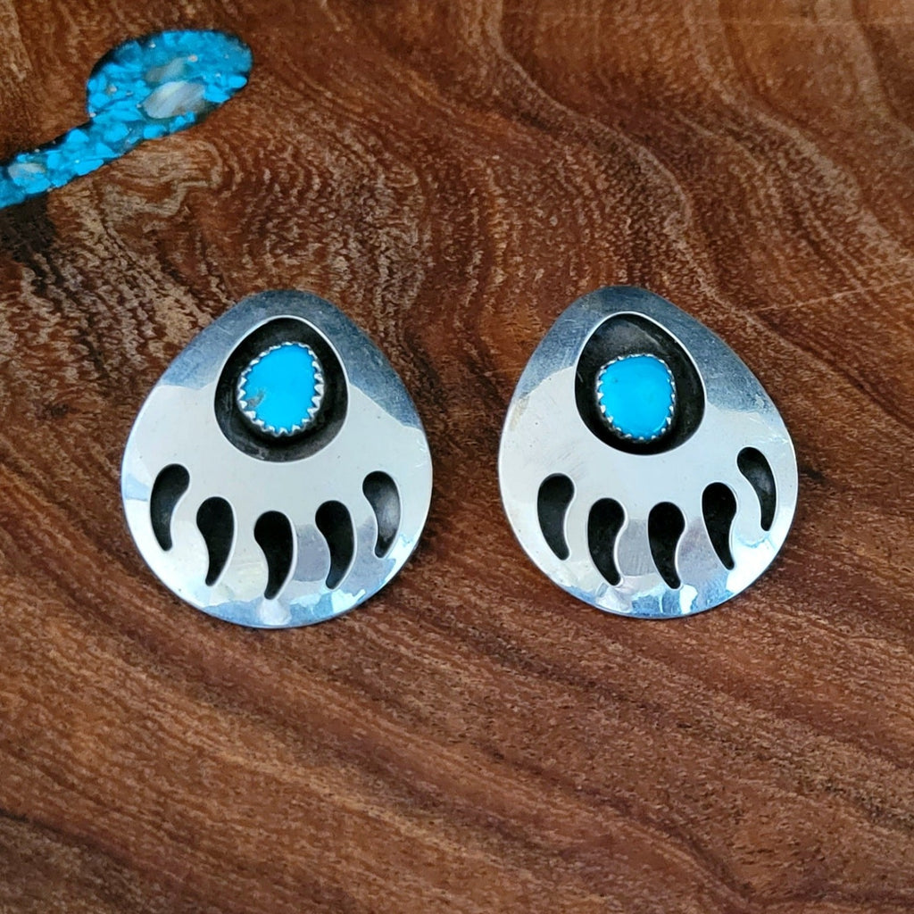 navajo made sterling silver and turquoise bear paw stud earrings front view