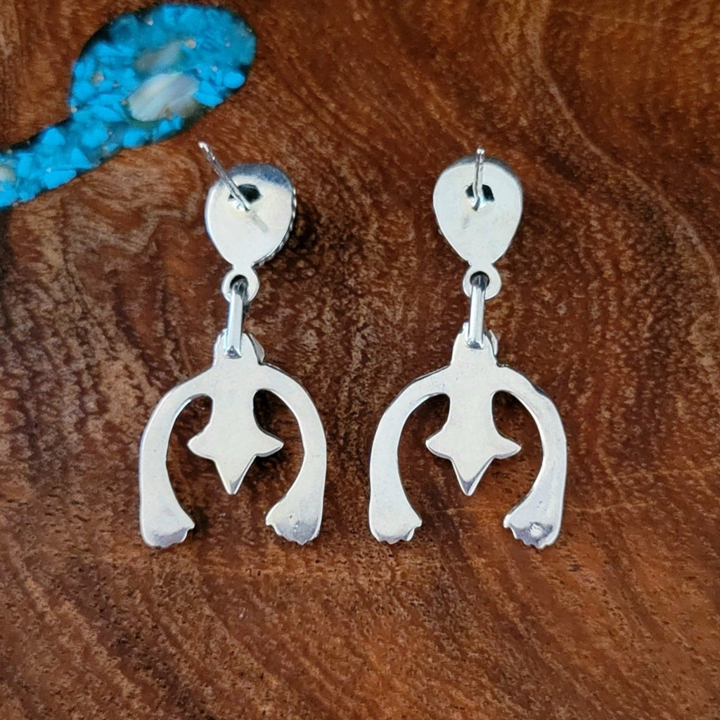 Navajo Made Naja Dangle Earrings w/ Turquoise & Silver Back View