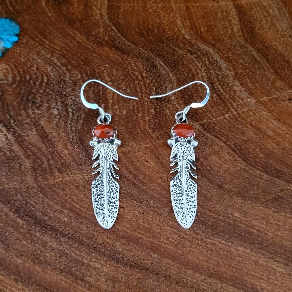 Red Coral Feather Earrings by Sharon McCarthy Front View