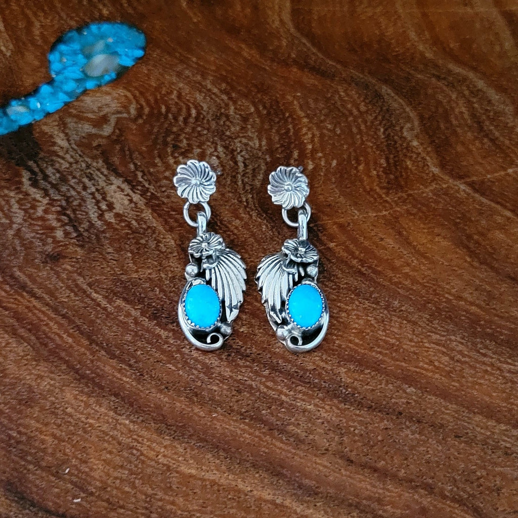 Navajo Made Turquoise Earrings with Flowers & Leaves Front View