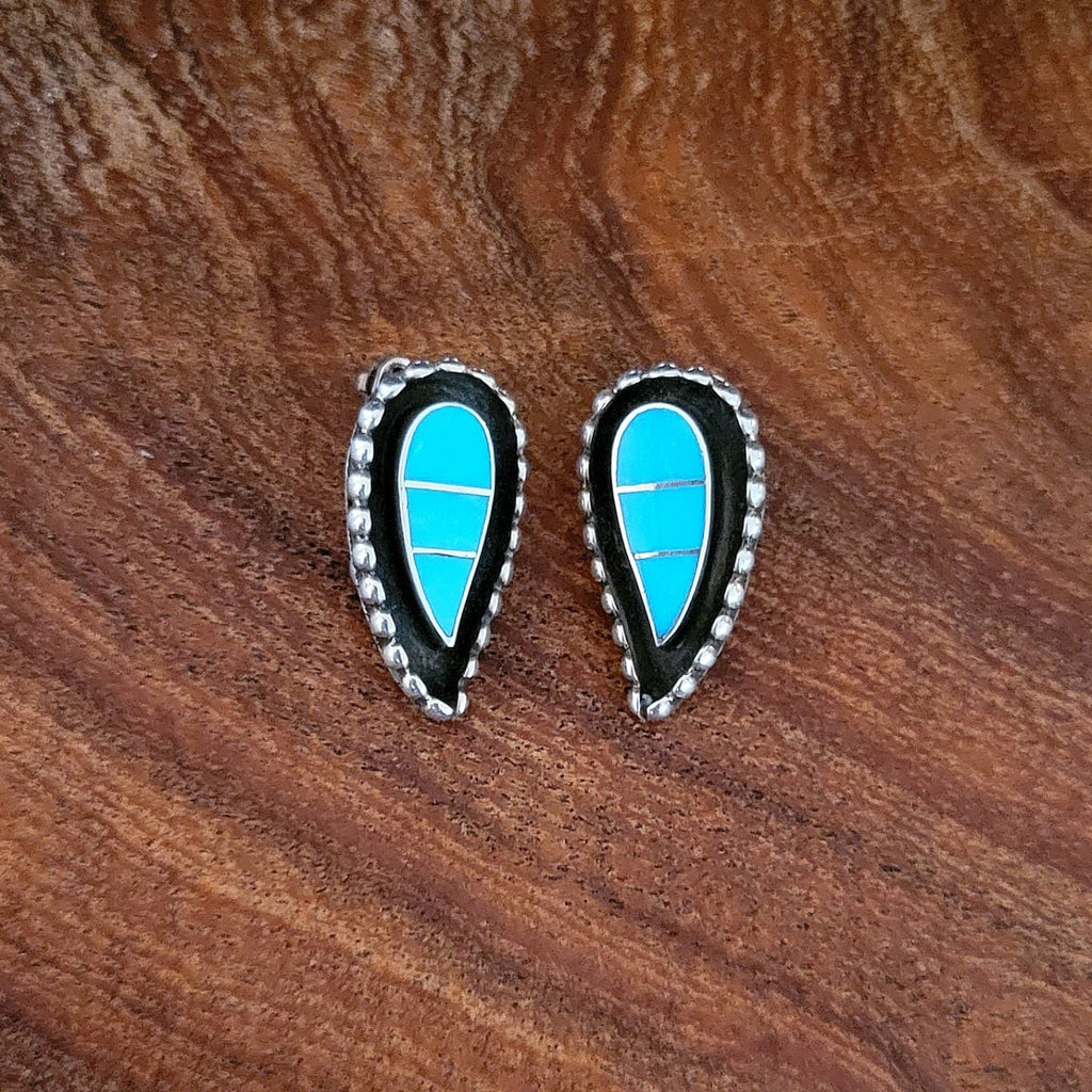 zuni made blue turquoise inlay clip earrings front view