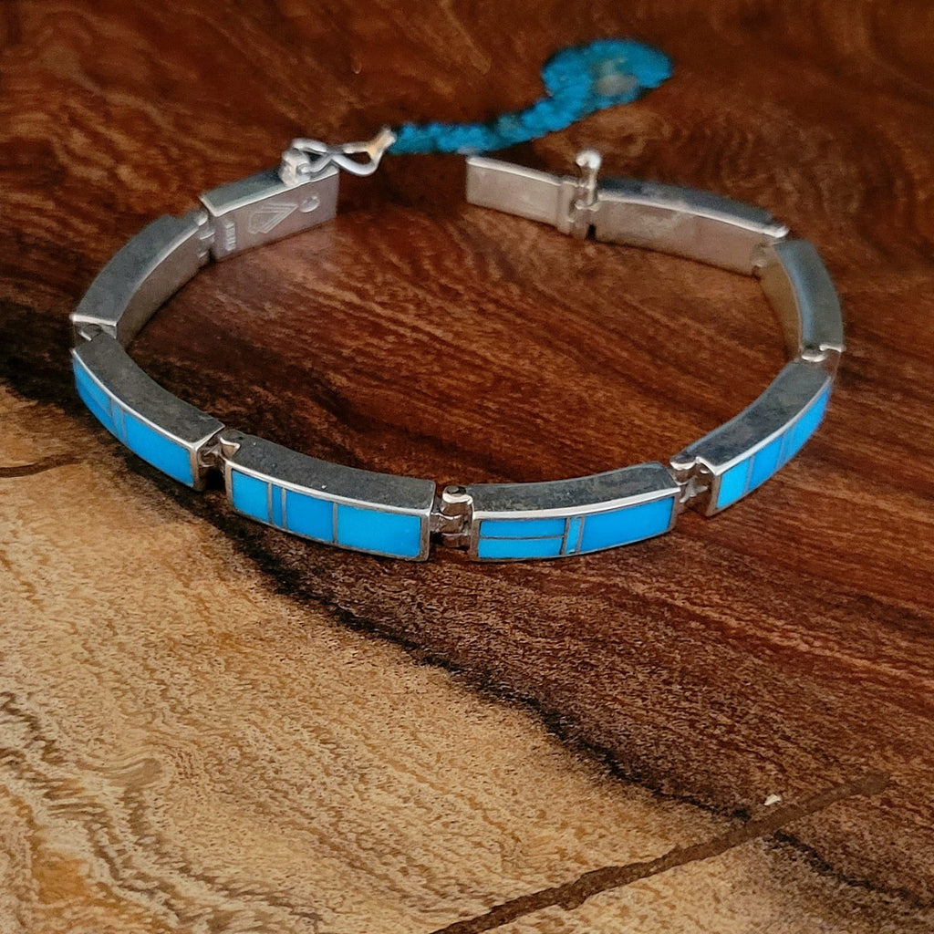 Navajo Link Bracelet w Inlay Turquoise Front View