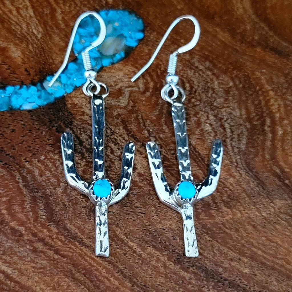 navajo made turquoise saguaro cactus earrings front Vvew