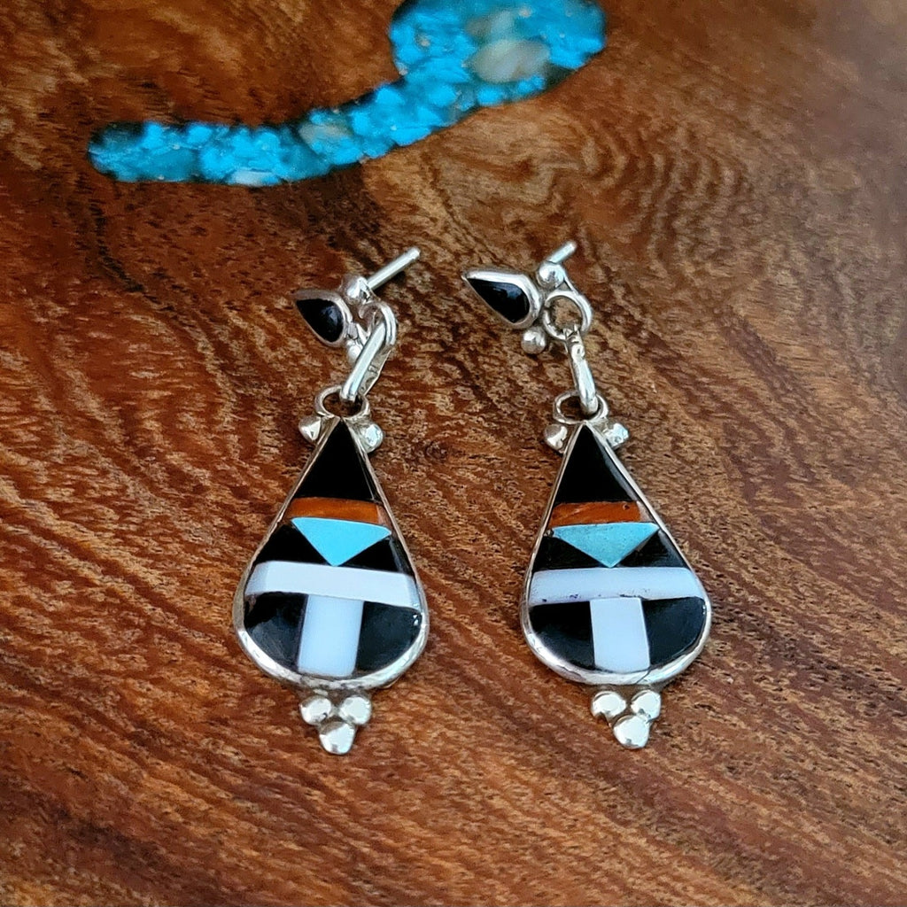 Zuni Inlaly Dangle Earrings by Artist Diane Othole Front View