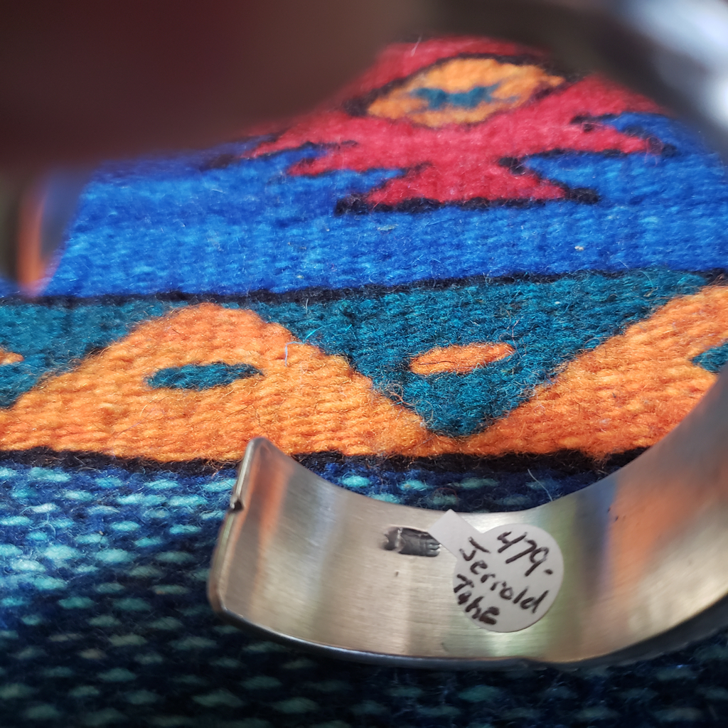 Authentic Navajo Tooled Silver Cuff Bracelet by Artist Jerrold Tahe Hallmarks