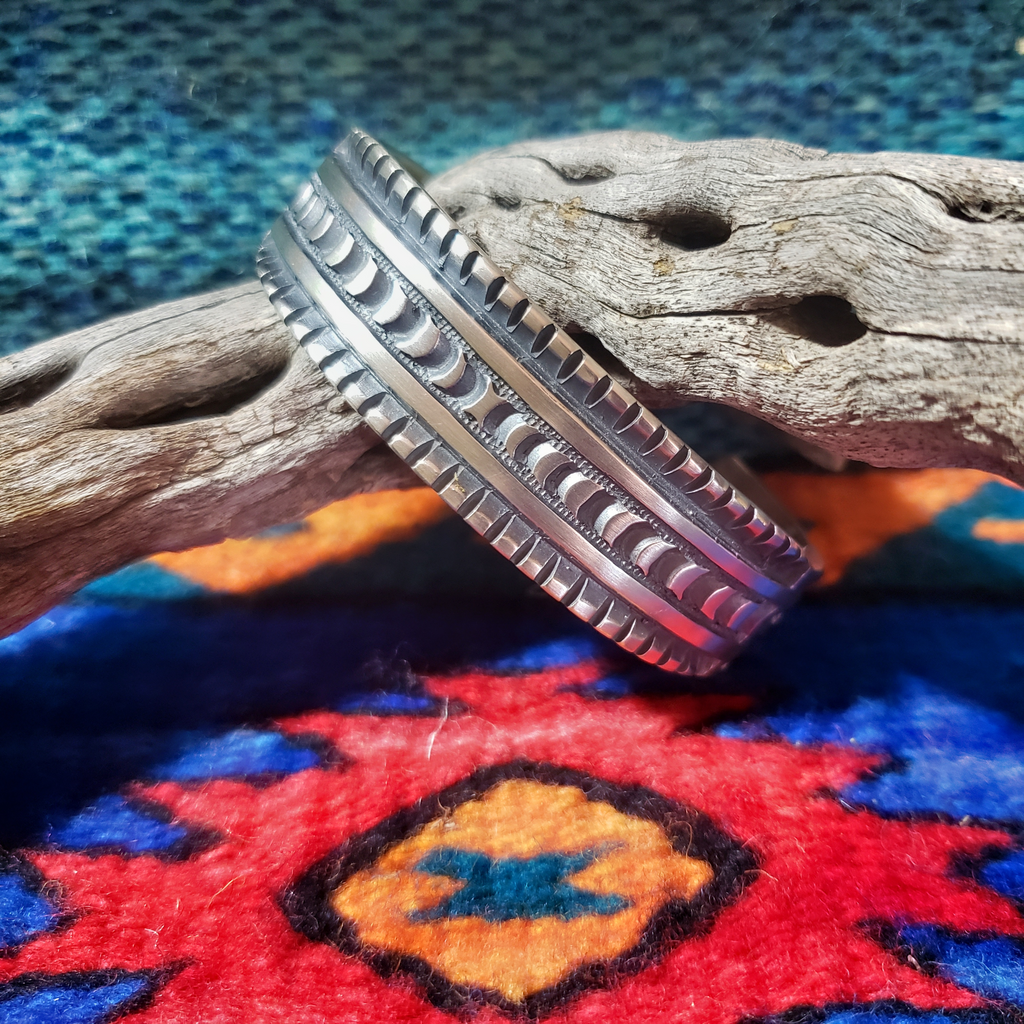 Authentic Navajo Tooled Silver Cuff Bracelet by Artist Jerrold Tahe