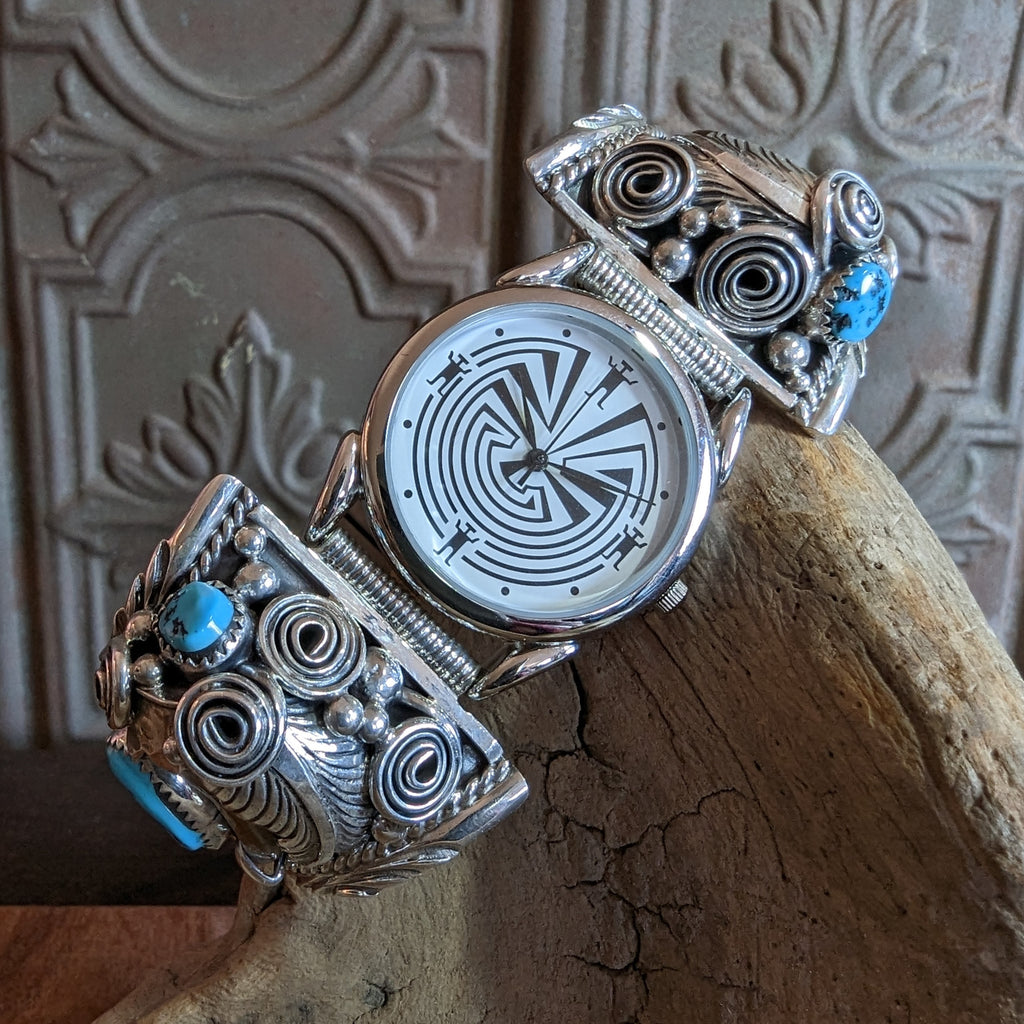 navajo made bear claw mens watch with silver scrolling and turquoise 