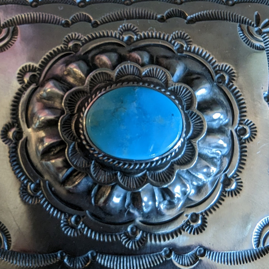 Navajo Kingman Turquoise and Sterling Silver Buckle Detail View