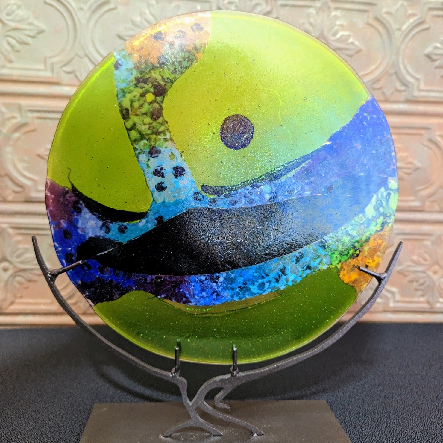 Decorative Glass Plate with Stand by Artist Karen Ehart Back View