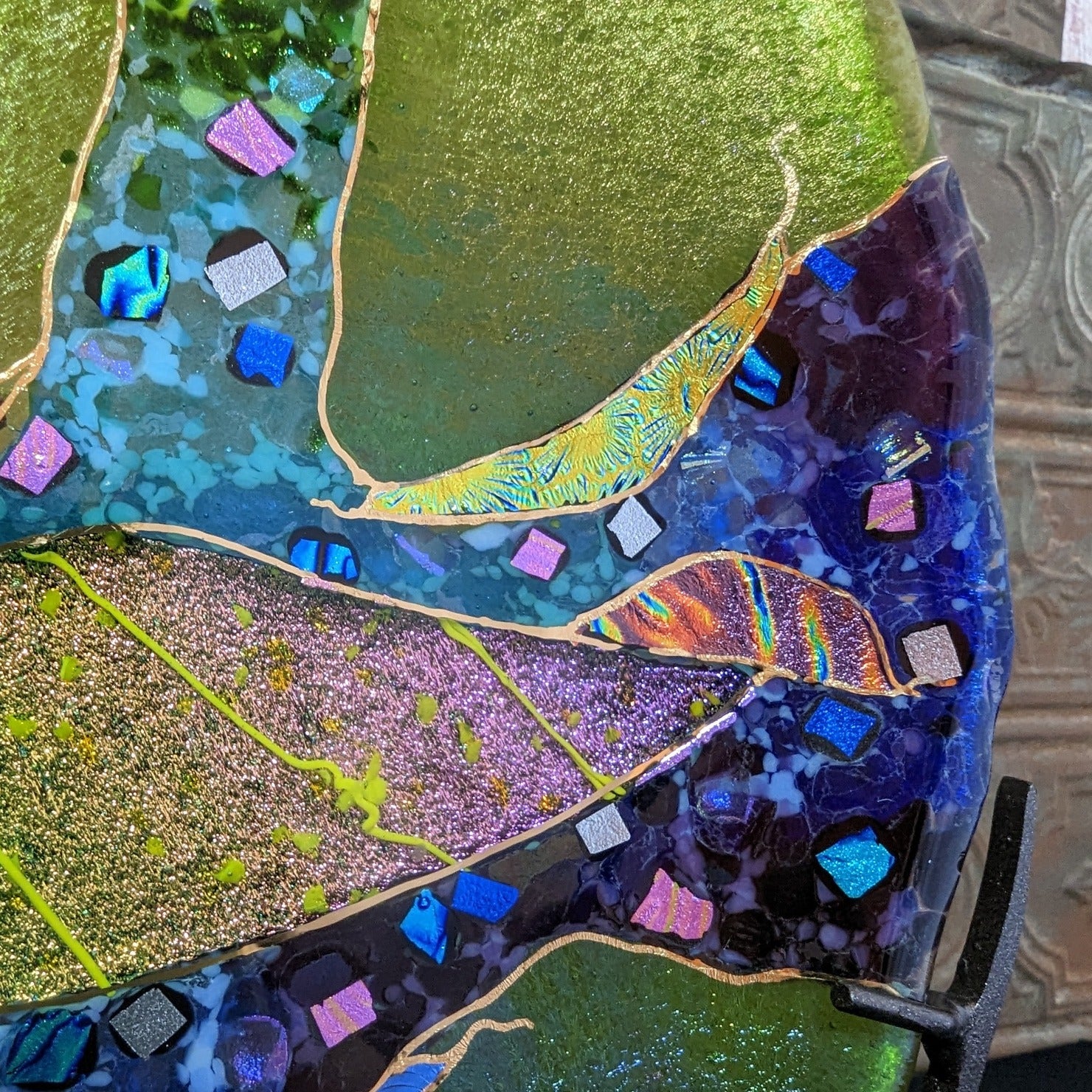 Decorative Glass Plate with Stand by Artist Karen Ehart Detail View