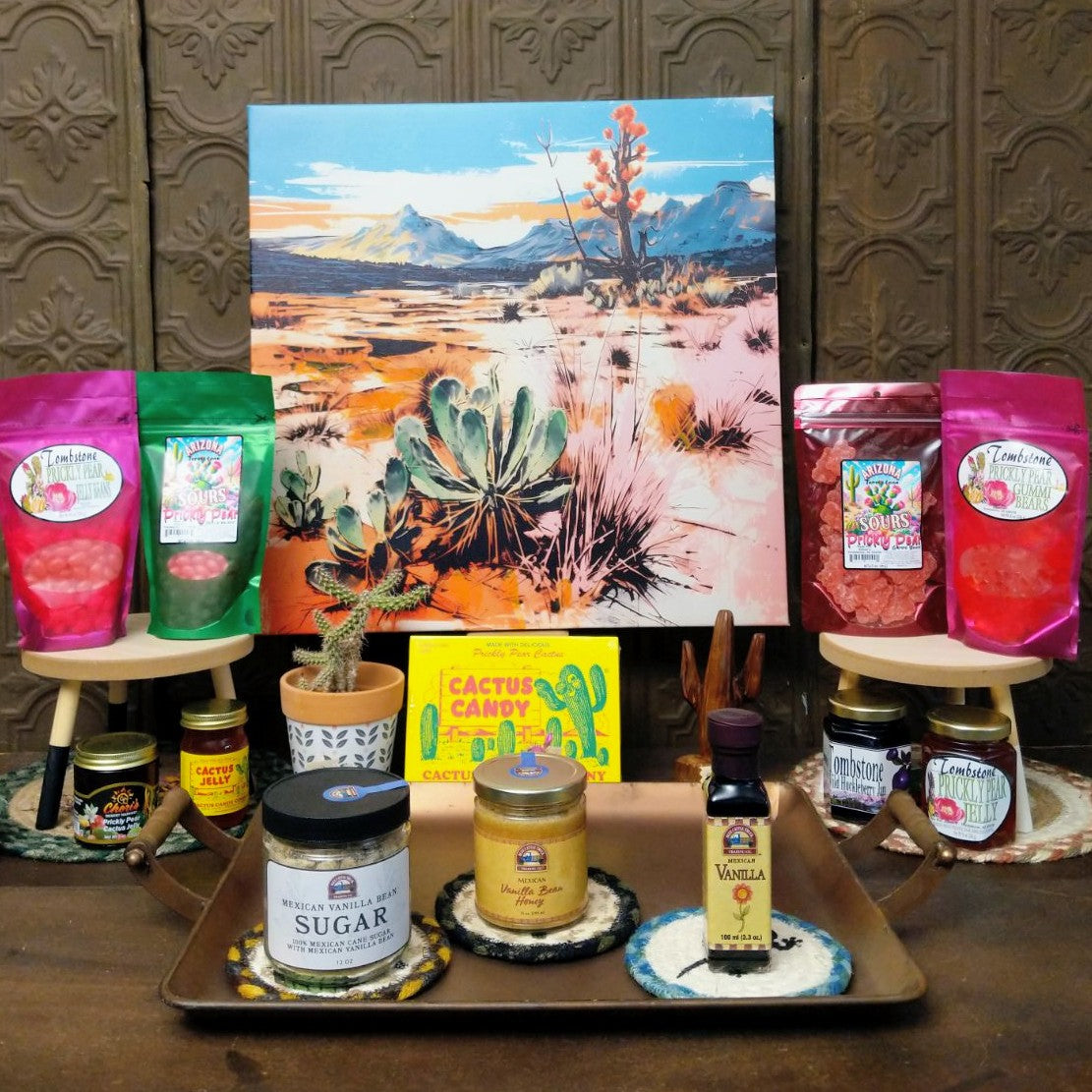 selection of cactus and prickly pear candies and treats 