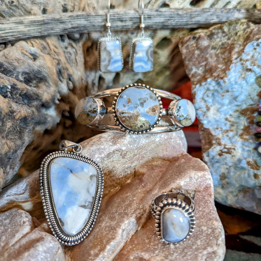 Arizona Blue Opal  and sterling silver cuff, pendant and earrings