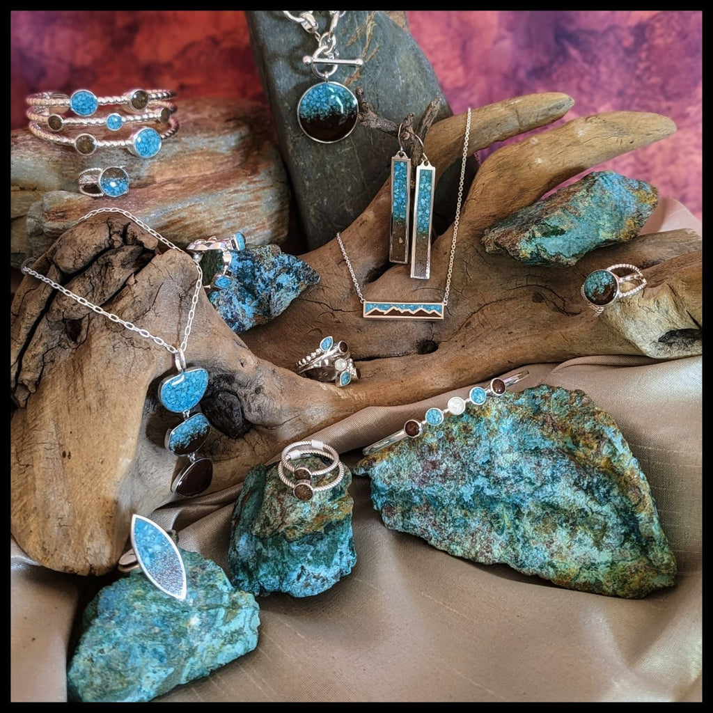collection of dune jewelry made with sand and turquoise from arizona