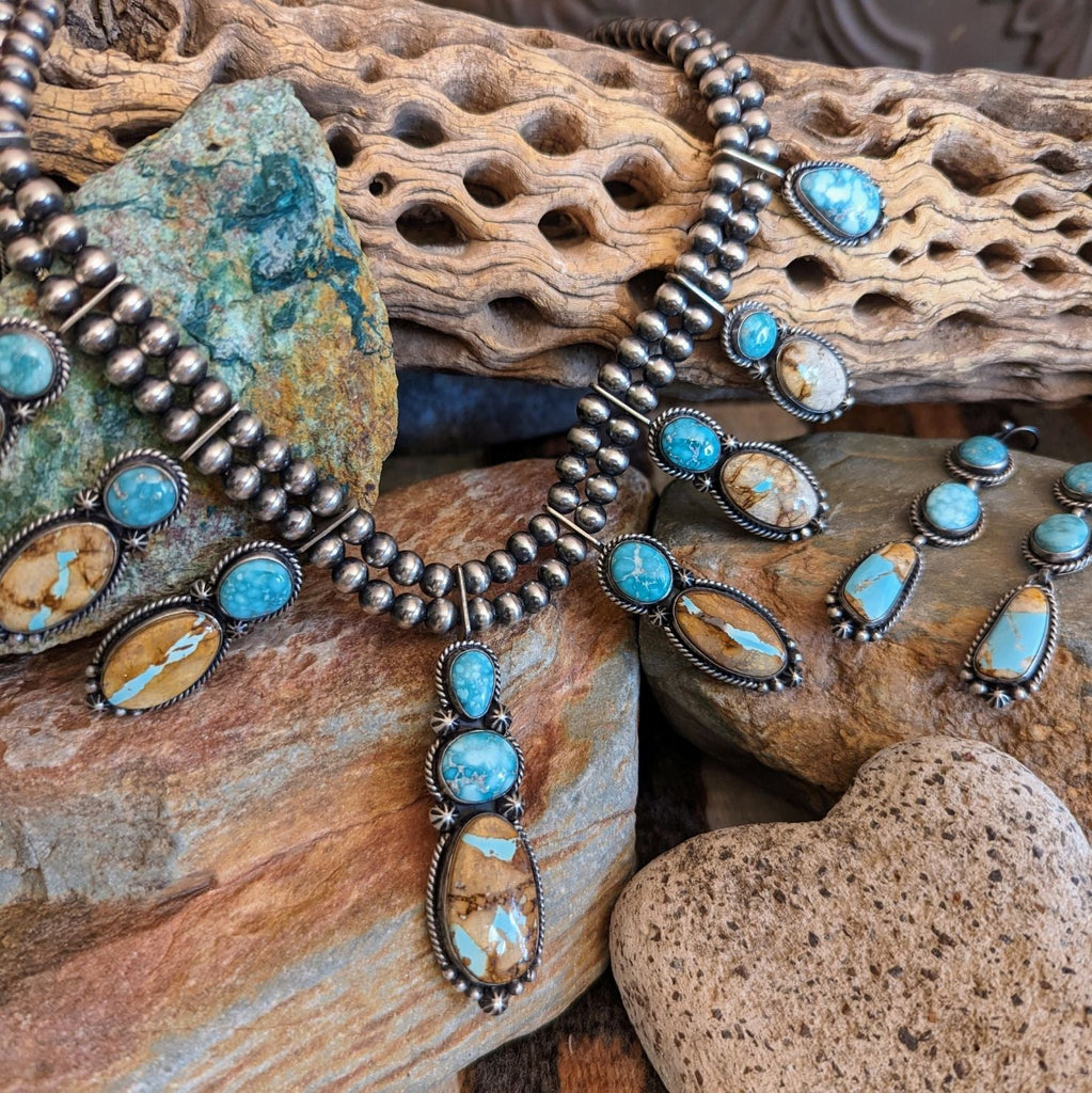 Native American made sterling silver and turquoise necklace set with earrings