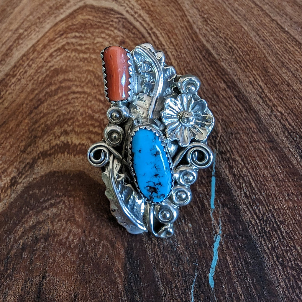 Front View Navajo Made Turquoise and Coral Traditional Ring