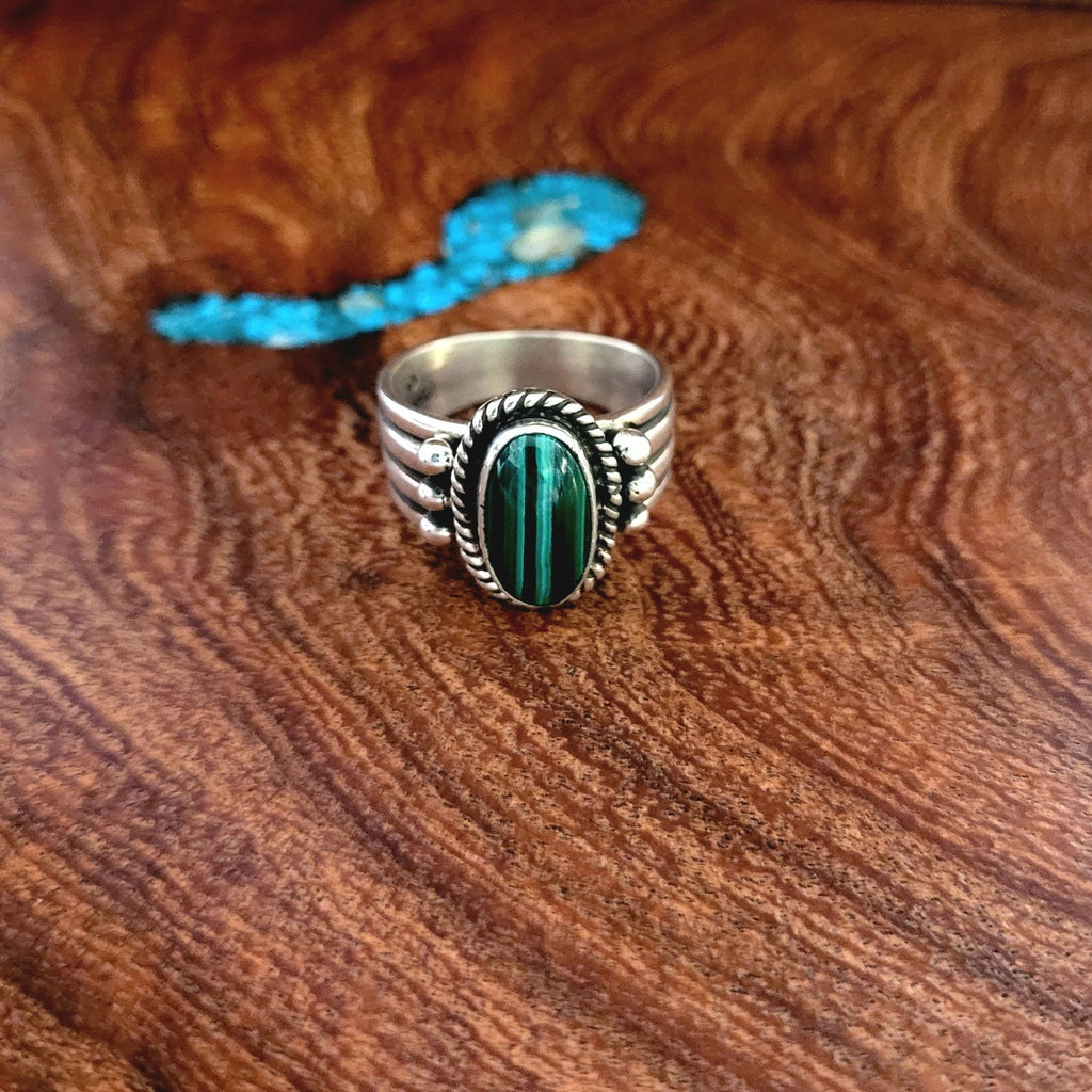 Navaho Made Malachite Sterling Silver Ring Front View