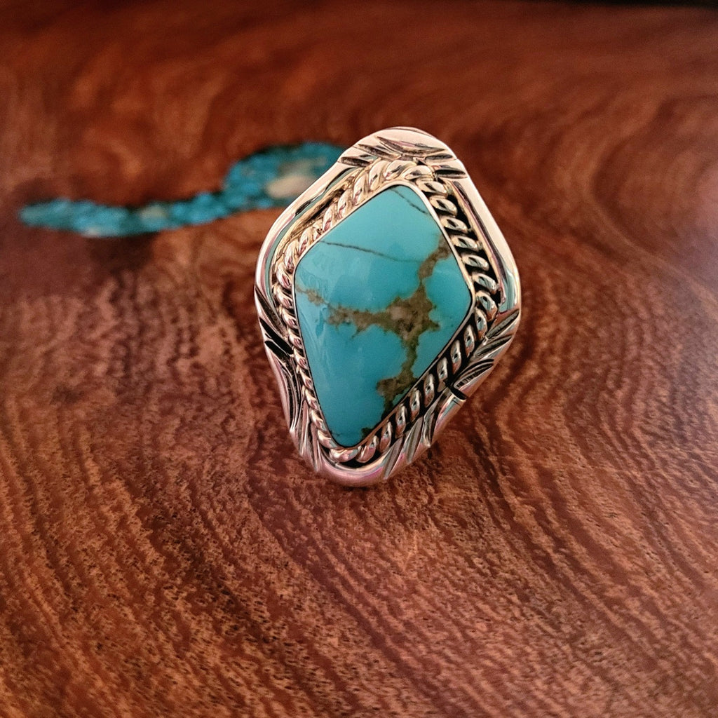 Navajo Made Turquoise And Sterling Silver Ring Front View