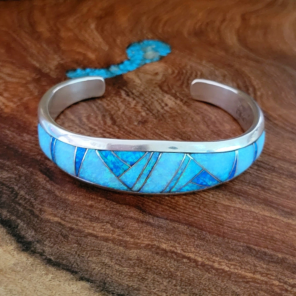 Man Made Opal Sterling Silver Inlay Bracelet front view