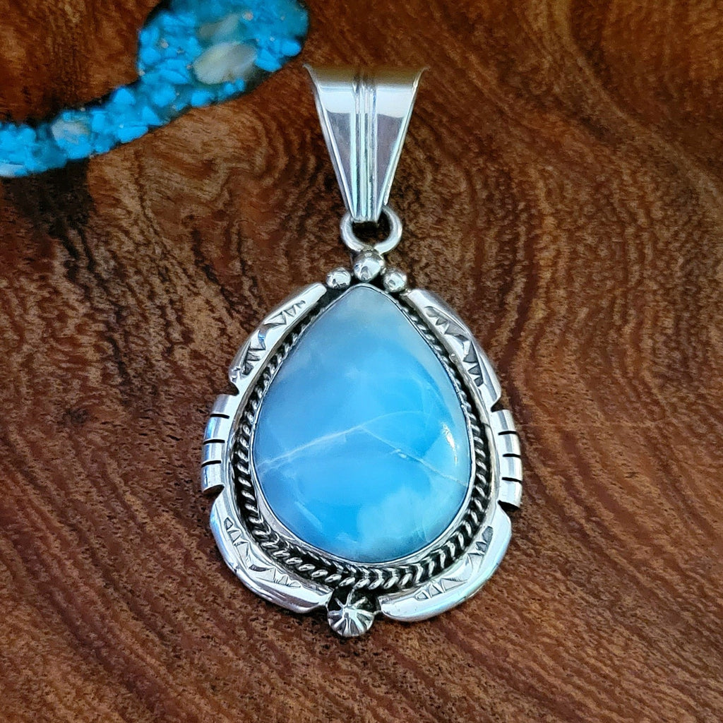 navajo made larimar and sterling silver pendant front view