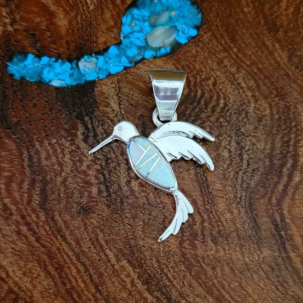 navajo made lab created opal hummingbird pendant front view