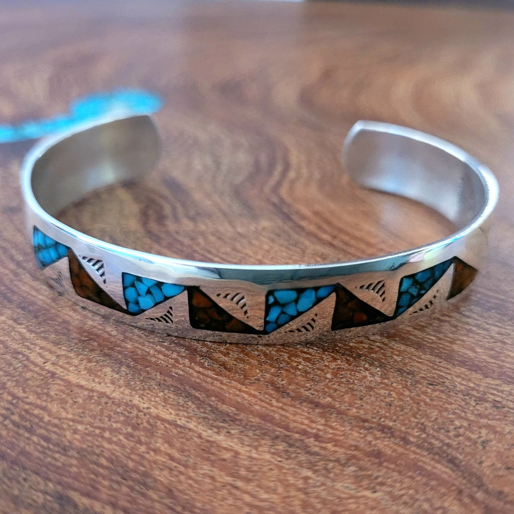 turquoise and red coral chip inlay starling silver cuff bracelet front view