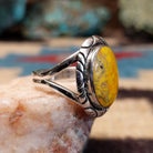 Sterling silver ring with bumblebee jasper and stamped silverwork.