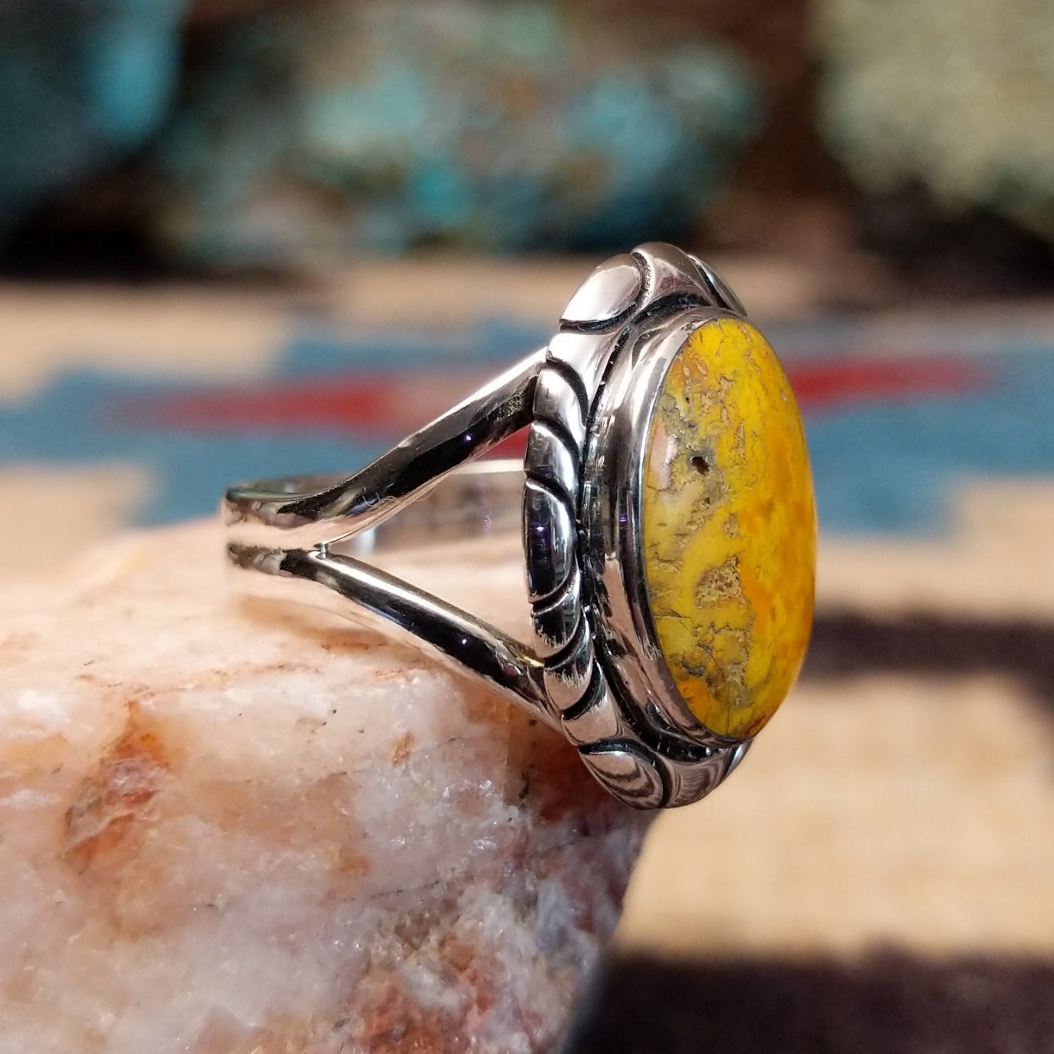 Sterling silver ring with bumblebee jasper and stamped silverwork.