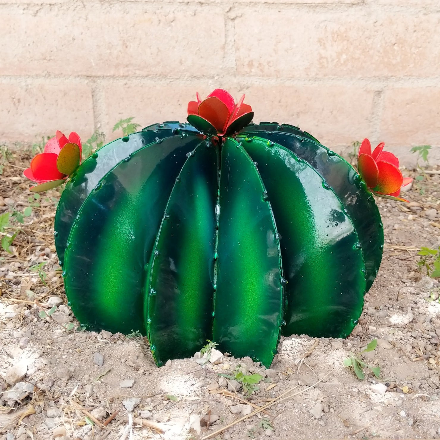 A large green metal barrel cactus with vibrant orange flowers on top.