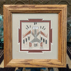 Framed Navajo sand painting of a Bird Yei with symbolic motifs.
