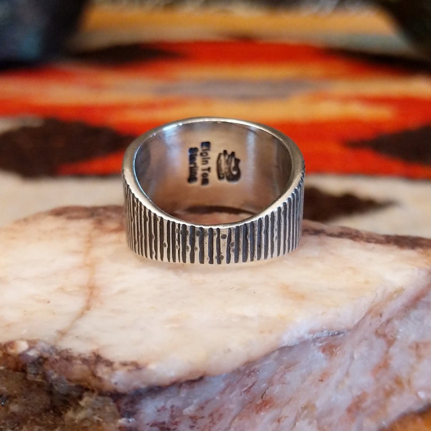 Sterling silver ring with ridged band and Blue Ridge turquoise set in the raised bezel.