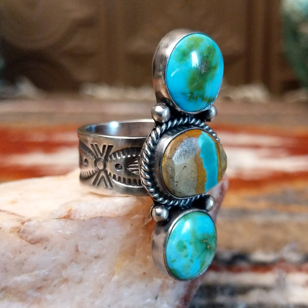 Stacked sterling silver ring with boulder turquoise and sonoran gold turquoise.