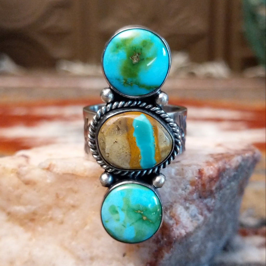 Stacked sterling silver ring with boulder turquoise and sonoran gold turquoise.
