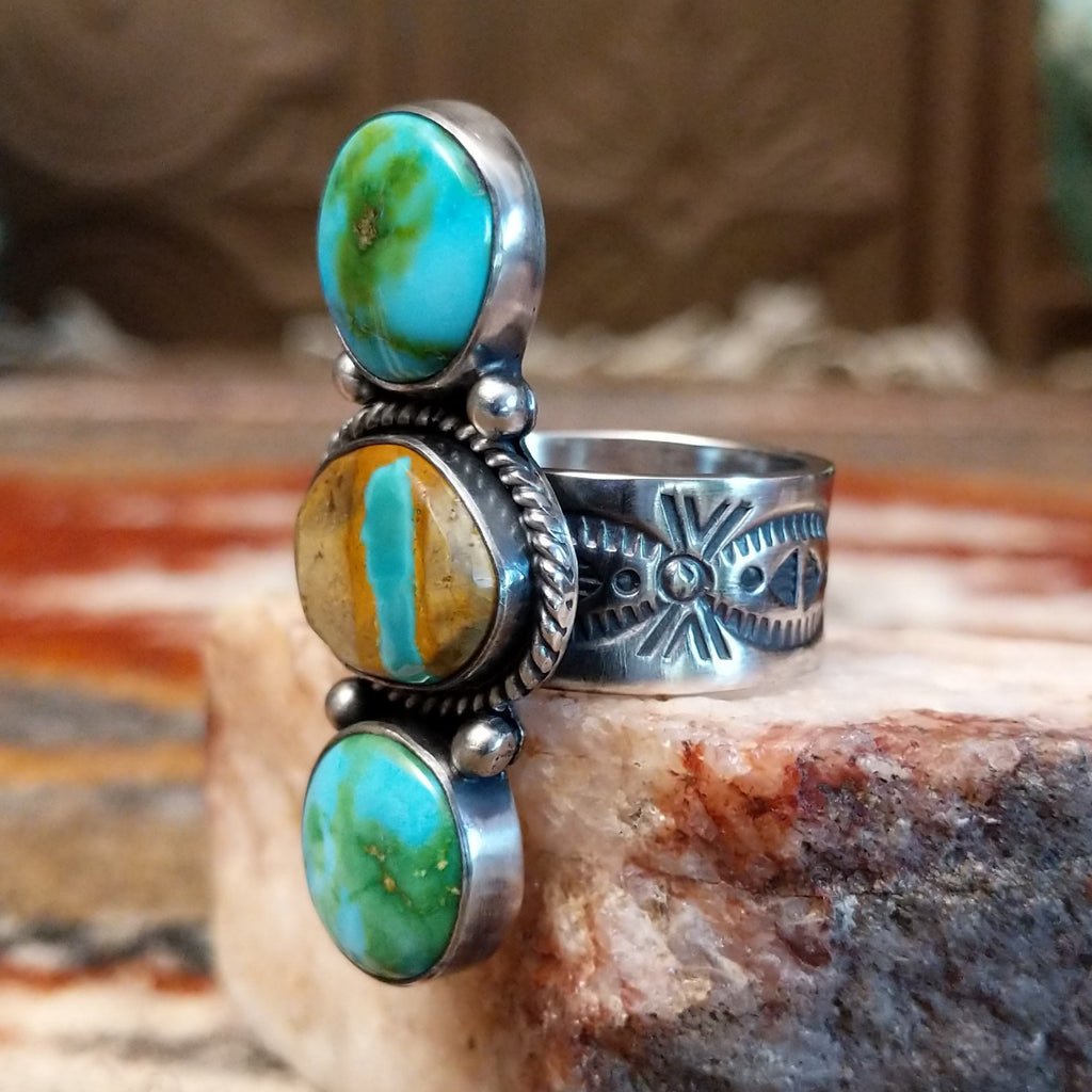 Stacked sterling silver ring with boulder turquoise and sonoran gold turquoise.