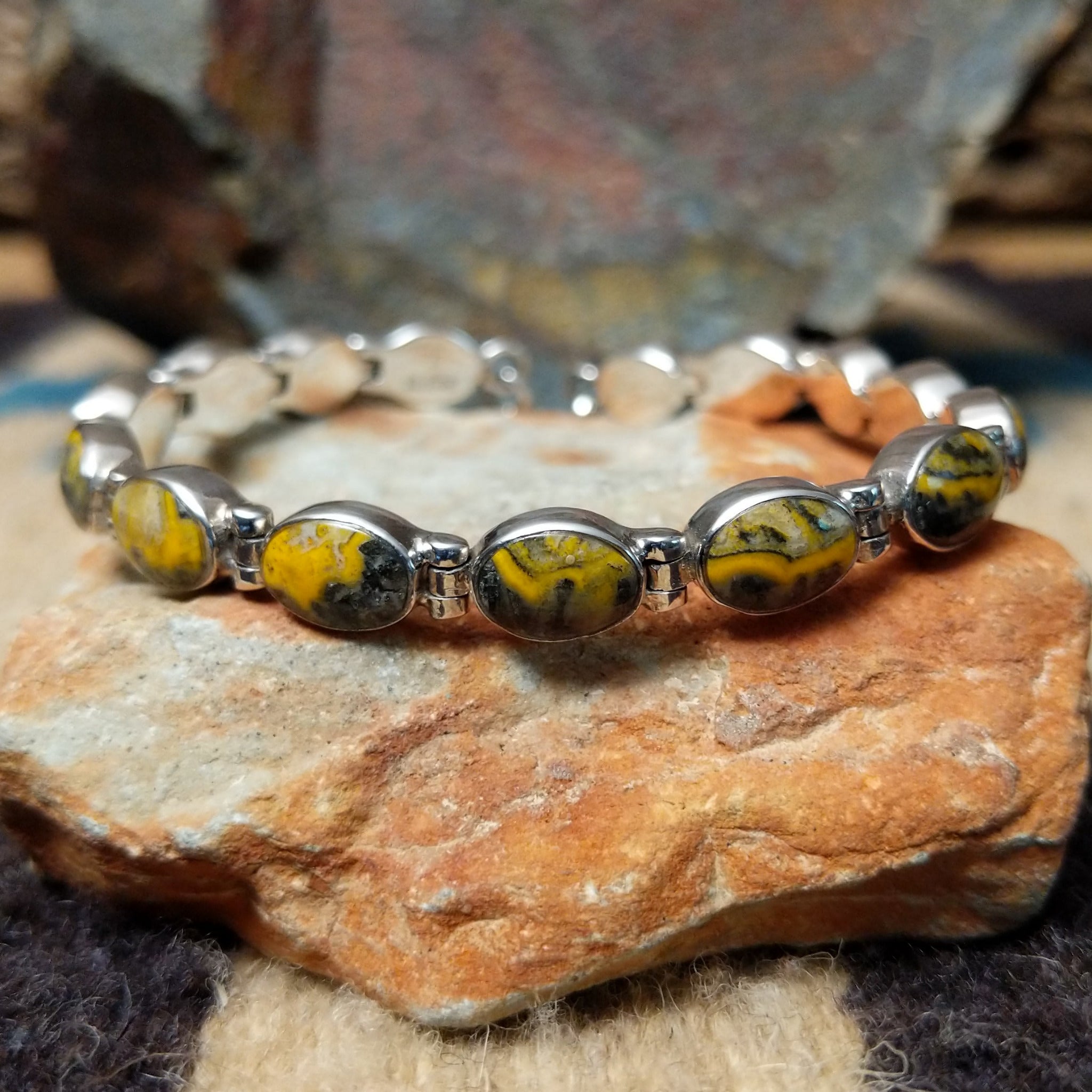 Bumblebee Jasper oval link bracelet by Terry Wood with natural oval stones set in sterling silver.