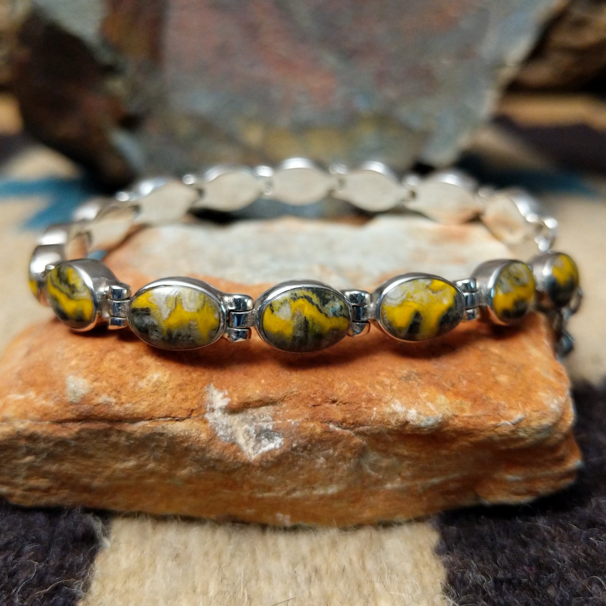 Bumblebee Jasper oval link bracelet by Terry Wood with natural oval stones set in sterling silver.