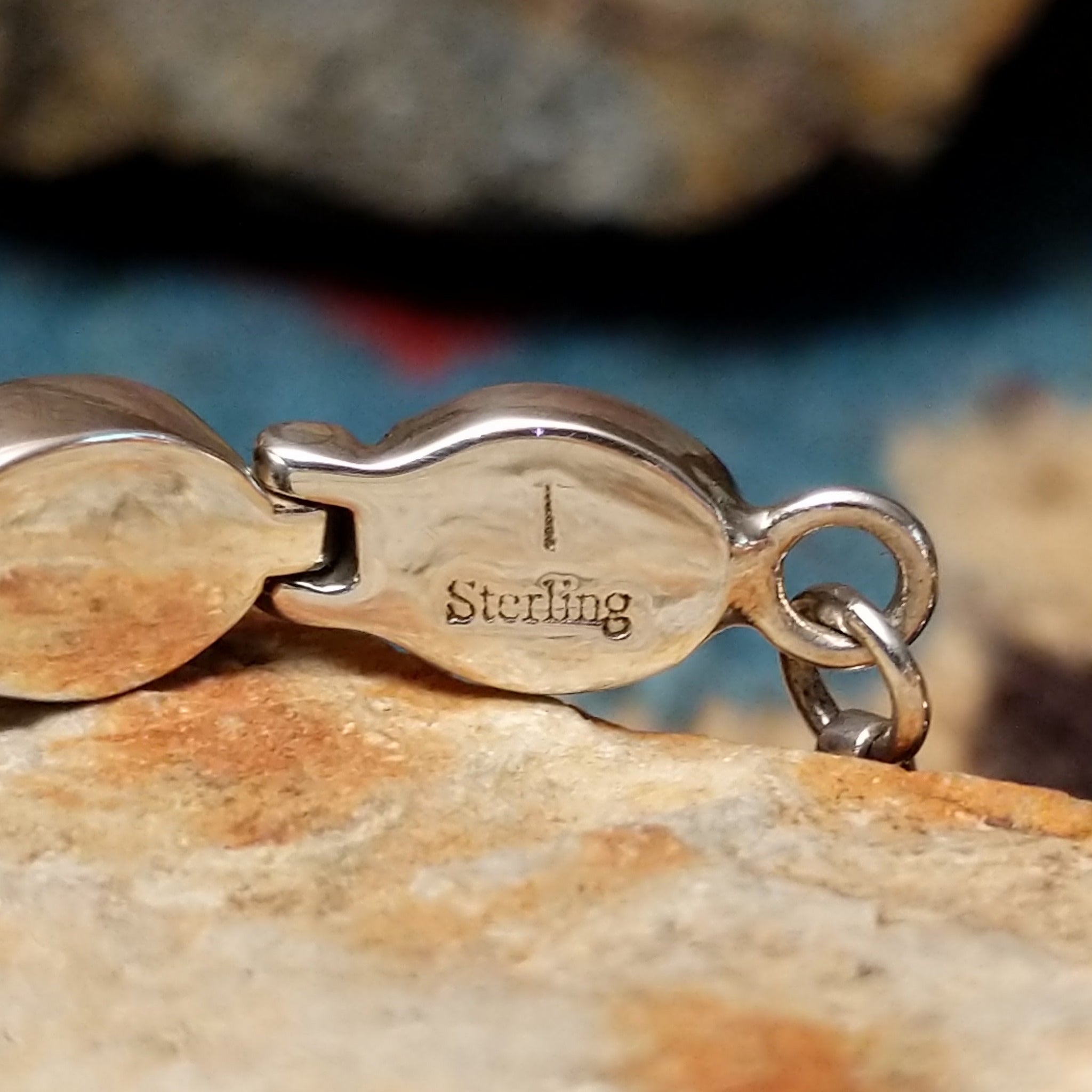 Bumblebee Jasper oval link bracelet by Terry Wood with natural oval stones set in sterling silver; artisan and Sterling Silver stamp.