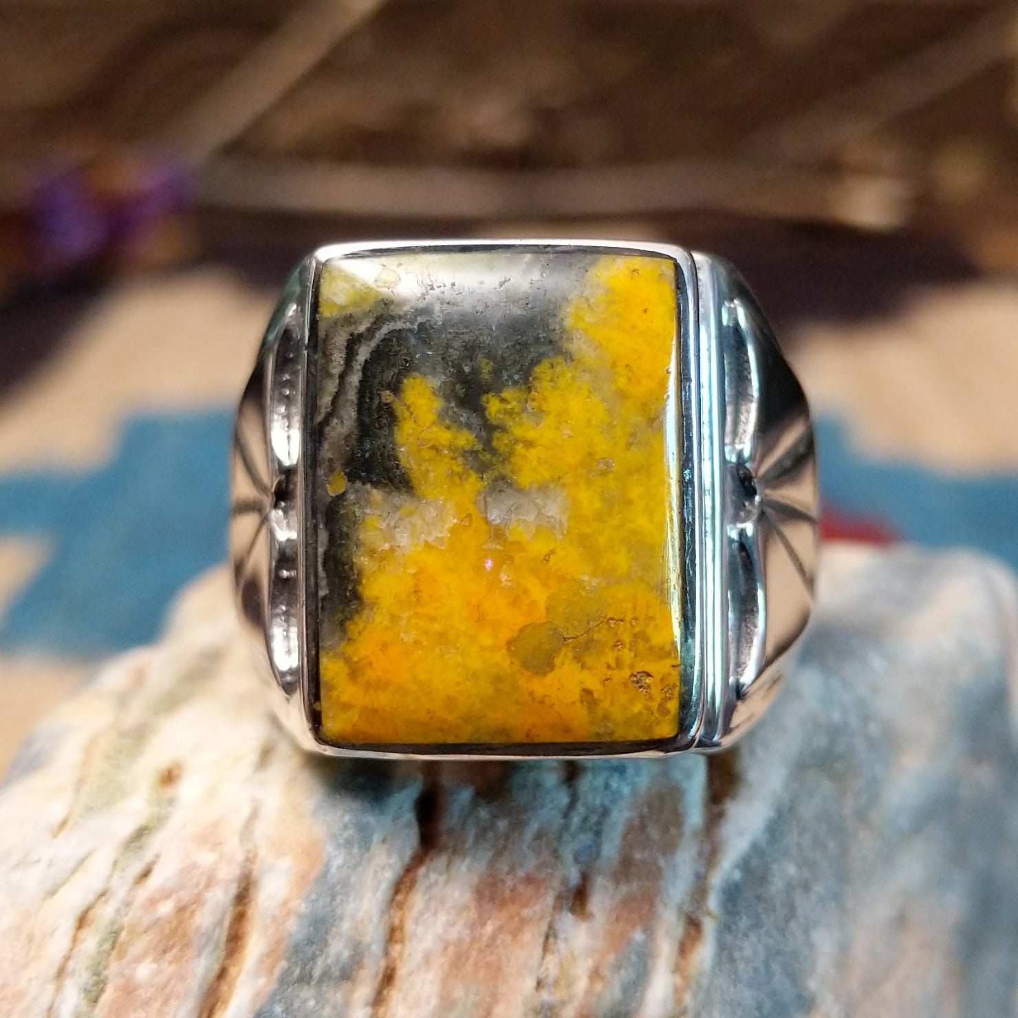 Sterling silver ring with bumblebee jasper set in the rectangular bezel.