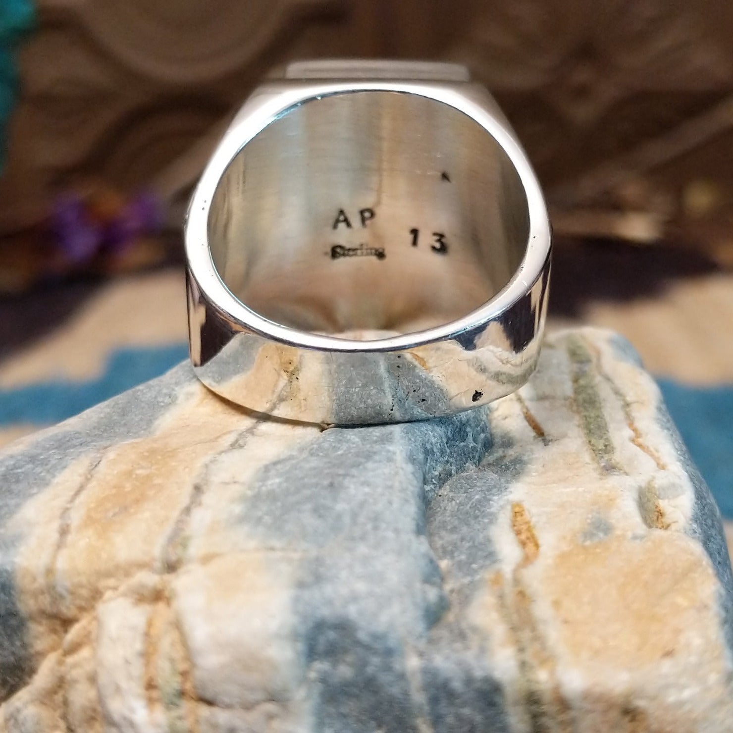 Sterling silver ring with bumblebee jasper set in the rectangular bezel.