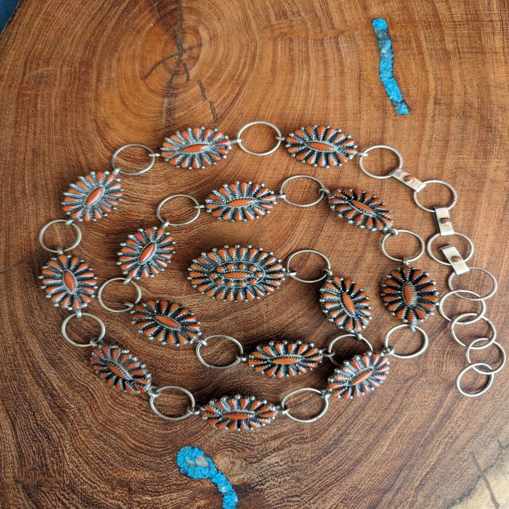 coral and sterling silver concho belt