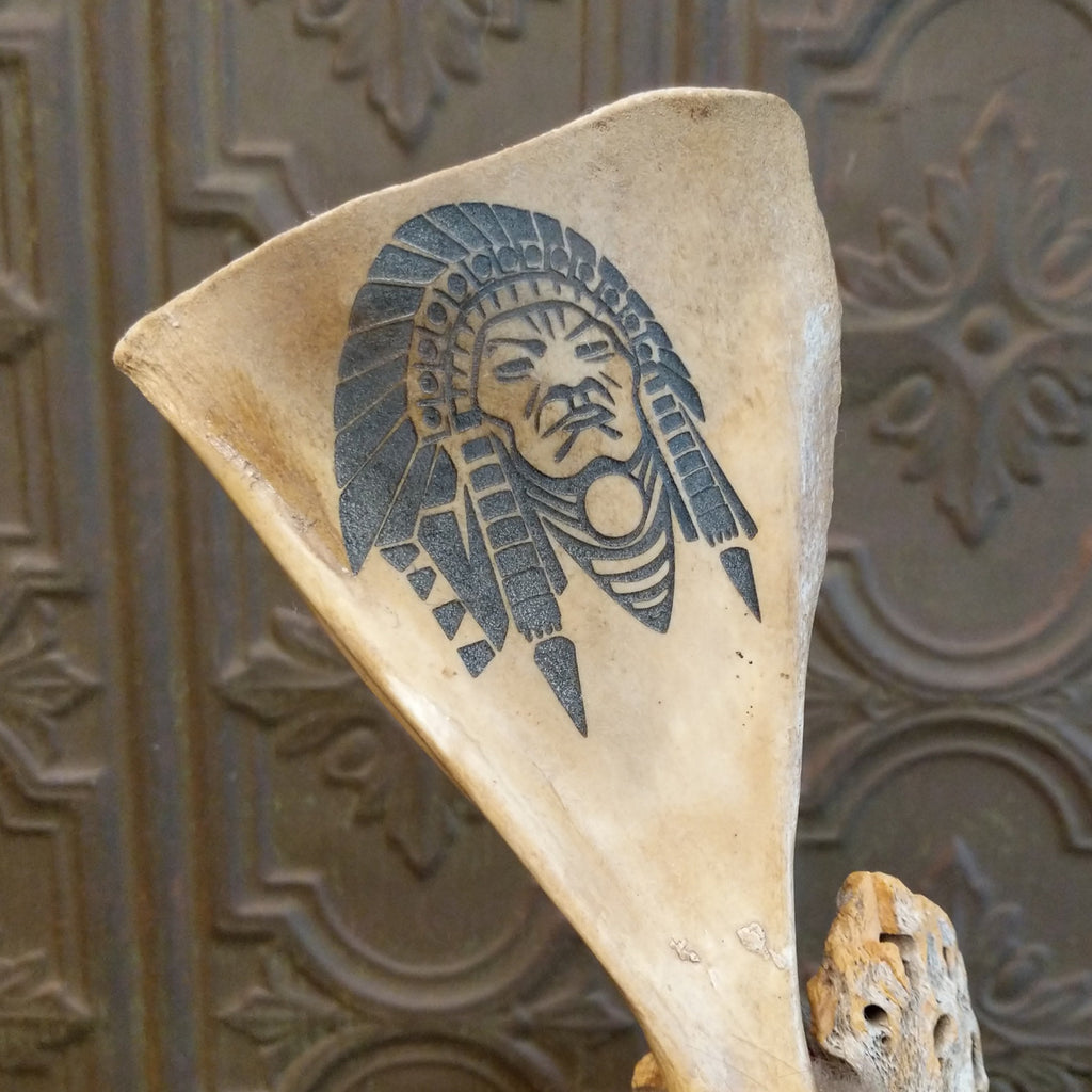 Deer shoulder blade engraved with headdress design.