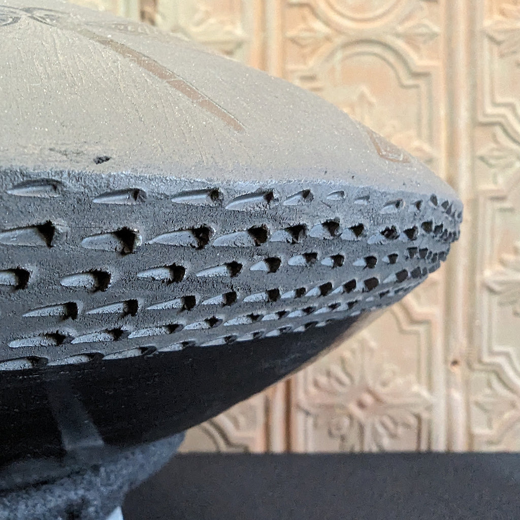 Center Side Carved Detail View Handmade Dragonfly Graphite Black Sphere Vase by Mata Ortiz artist Ana Trillo