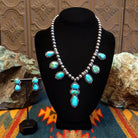 Necklace and earrings set with Sonoran Mountain turquoise set in bezels along the beaded silver chain. 