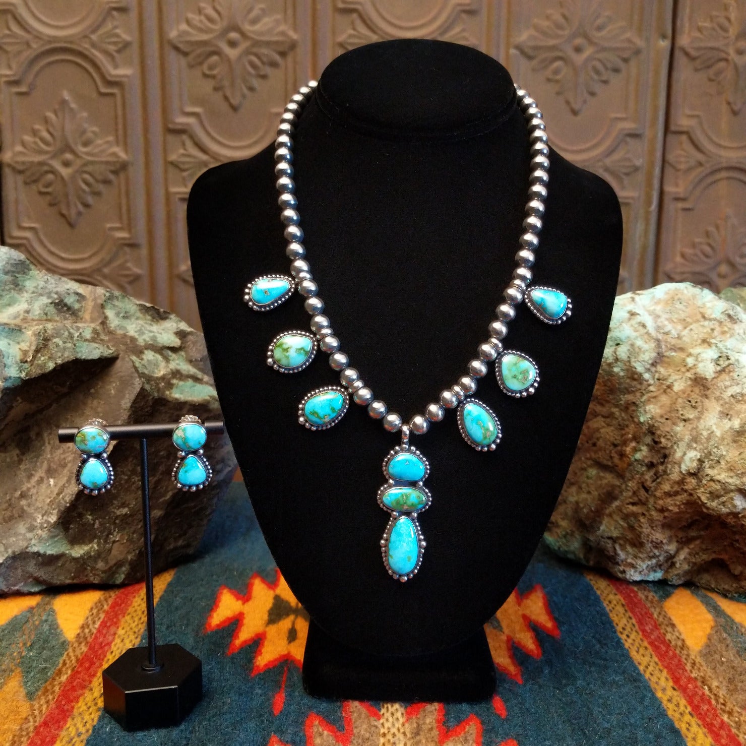 Necklace and earrings set with Sonoran Mountain turquoise set in bezels along the beaded silver chain. 