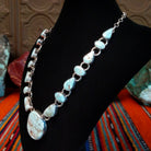Dry Creek turquoise set in sterling silver bezels that make up the chained necklace and earrings.