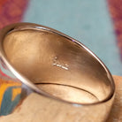 Etched Silver Ring by Raymond Coriz featuring an intricate geometric, maze-like pattern on a broad rectangular face with a polished Sterling Silver band; artisan stamp.